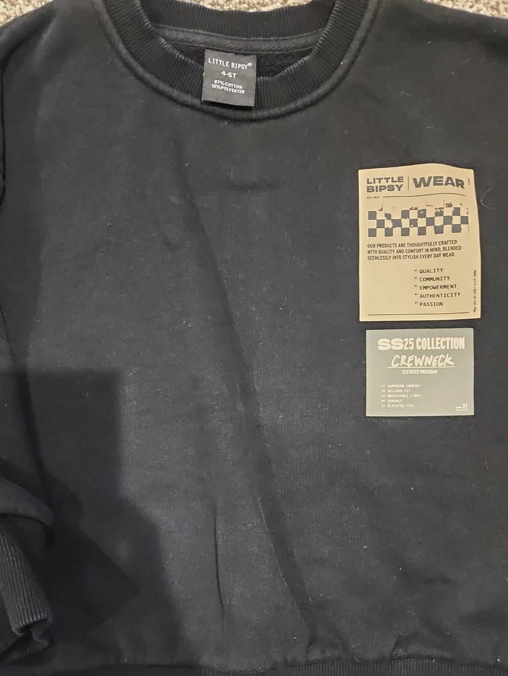 Little Bipsy Black Crewneck Sweatshirt with Tan Graphic Patches